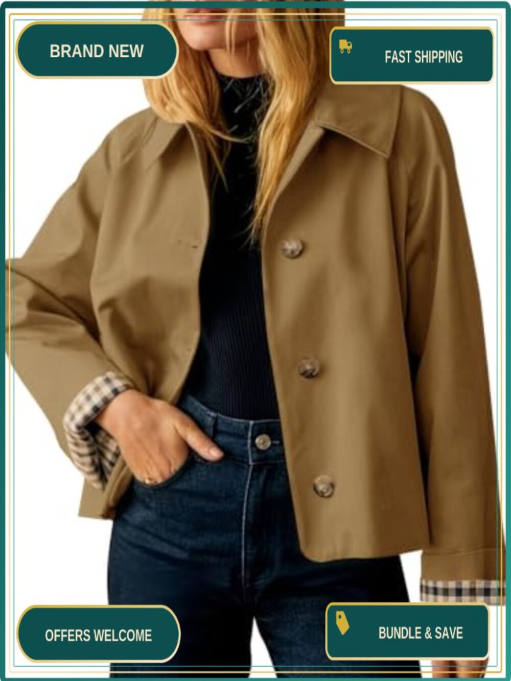 Cropped Trench Coat Womens Oversized Button Front Casual Fall Jacket